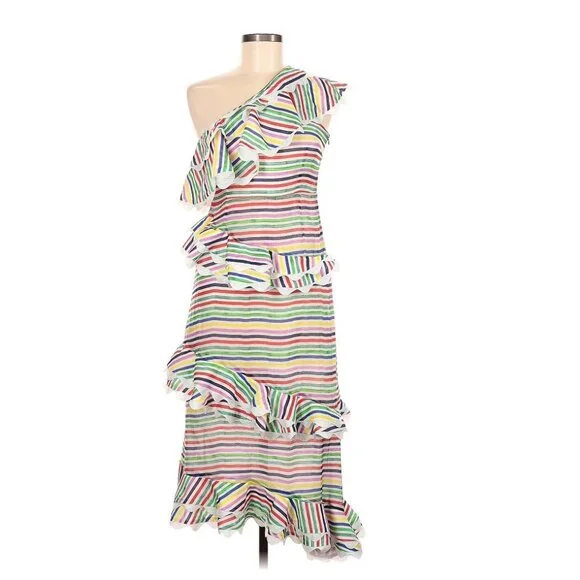 CeliaB Rainbow Striped One Shoulder Ruffle Midi Dress Medium - Picture 3 of 10